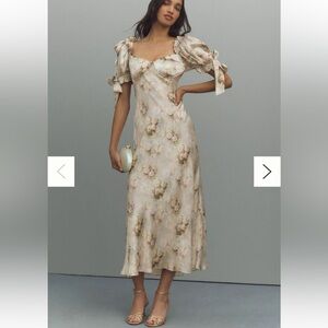 Selkie Poet Puff-Sleeve Sweetheart Silk Charmeuse Slip Midi Dress